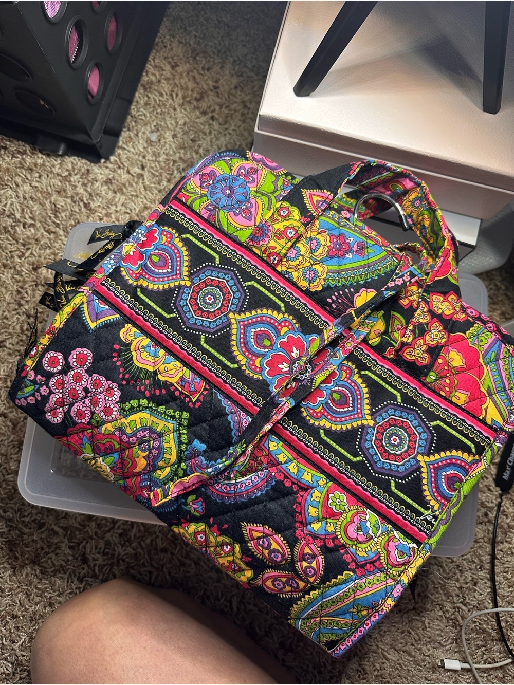 Quilted Floral Mosaic Tote Bag in Black Multicolor